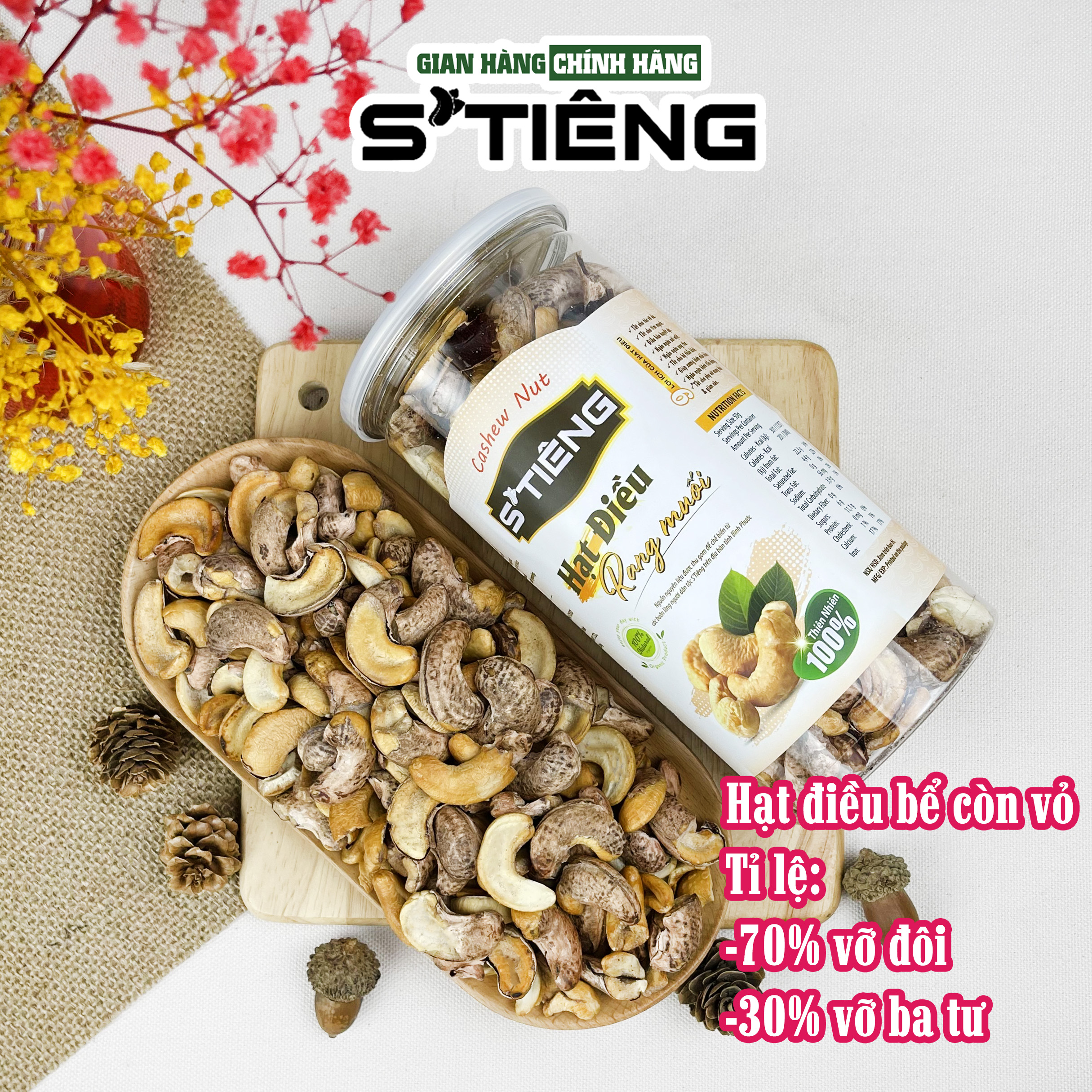 Hạt Điều Rang Muối STIENG Loại Bể Vở Còn Vỏ Lụa