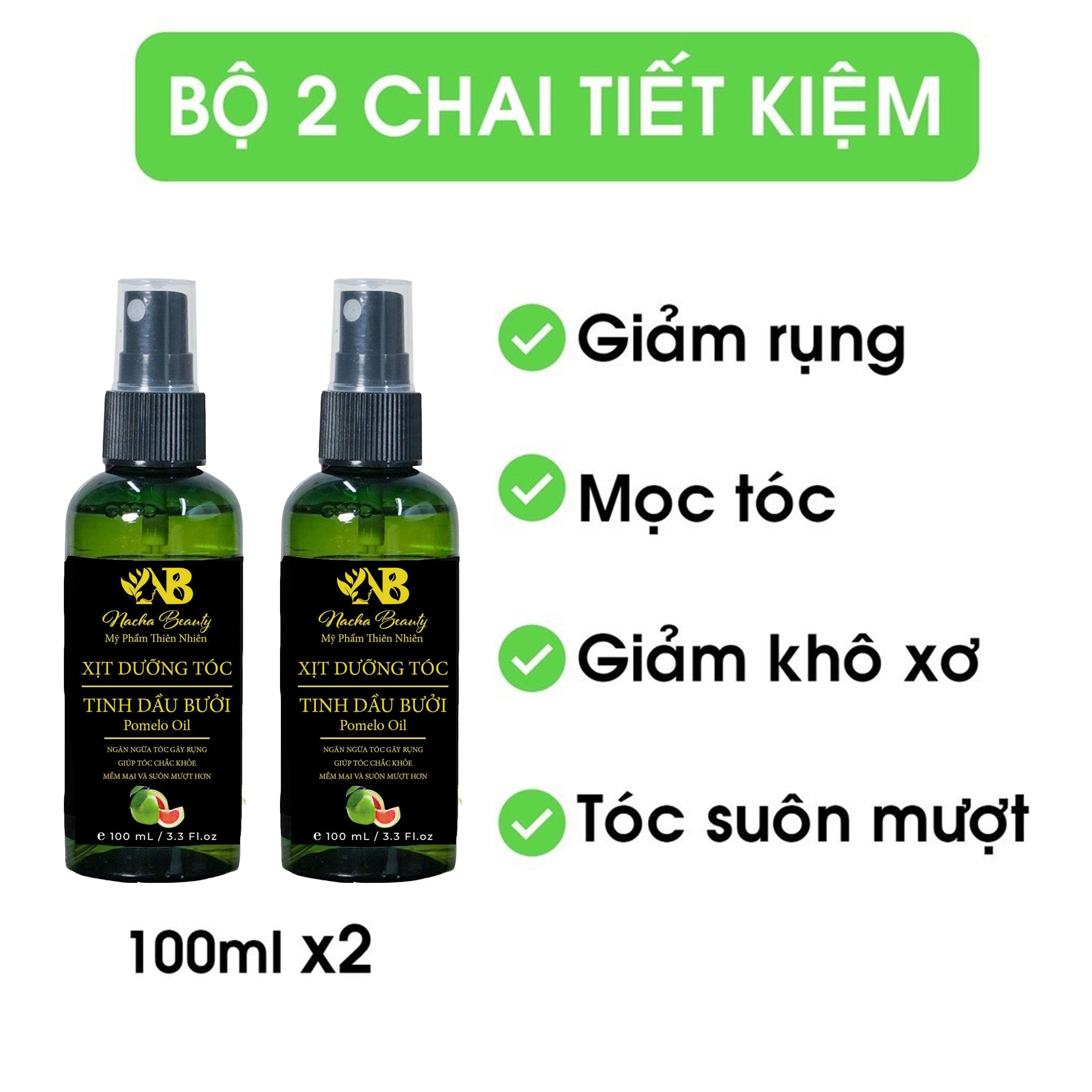 Bộ 2 chai Xịt Dưỡng tóc tinh dầu vỏ bưởi Pomelo Nacha Beauty 100ml