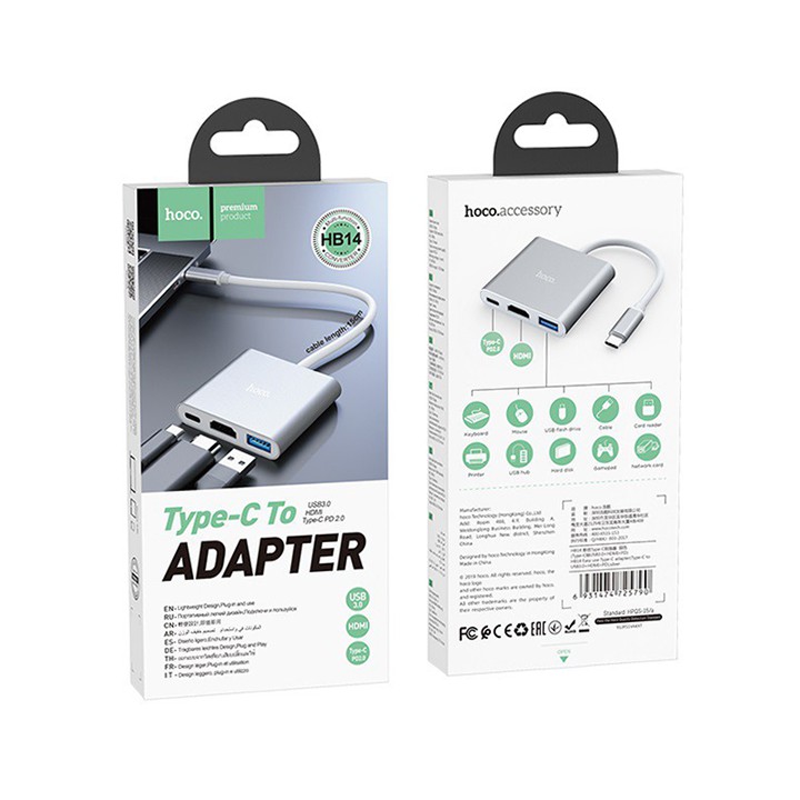 Cáp Chuyển Hoco HB14 Cổng Type-C Ra 3 Cổng HDMi + Type-C + Usb 3.0