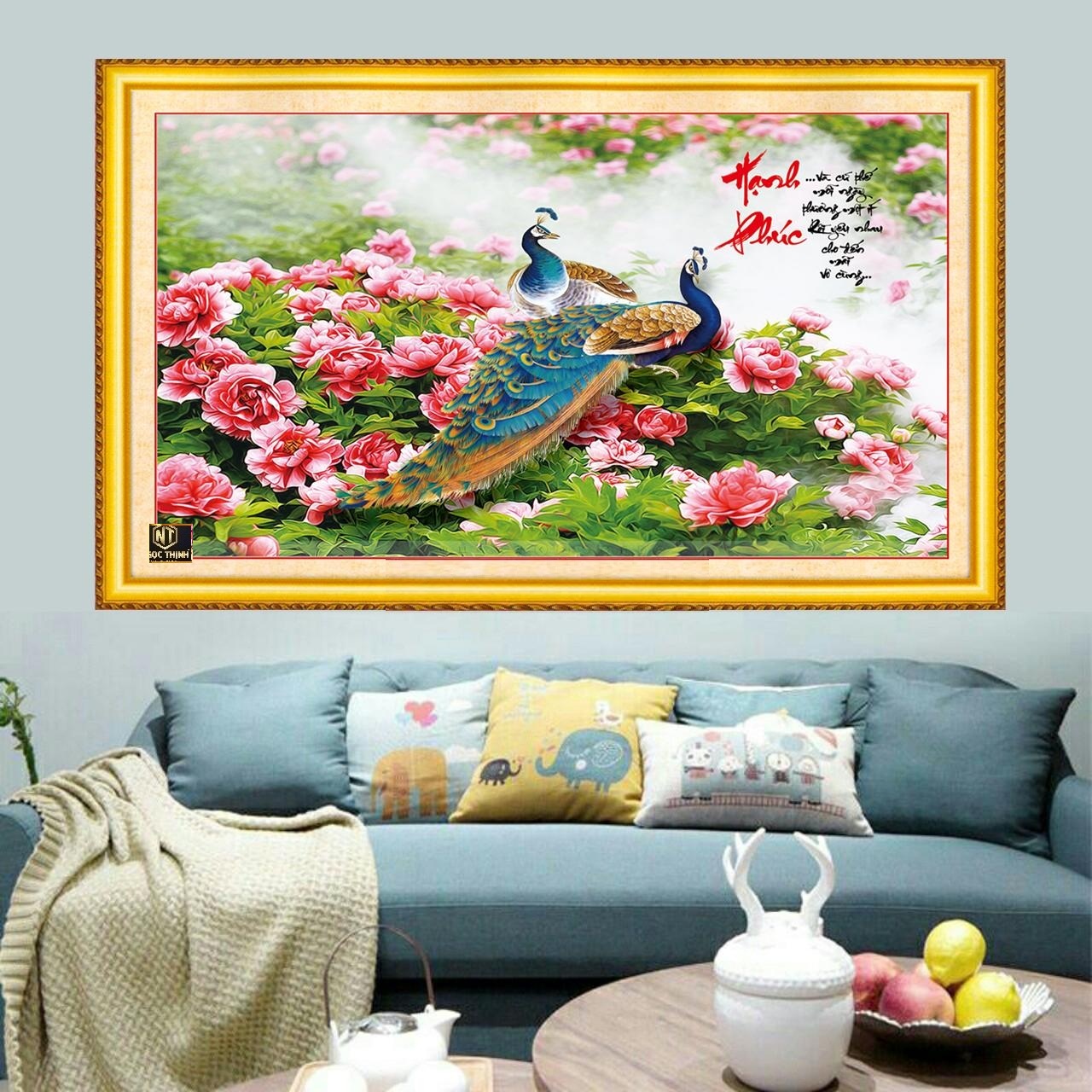 Tranh đính đá Hạnh phúc chim công hoa mẫu đơn VS459 kích thước 100x60