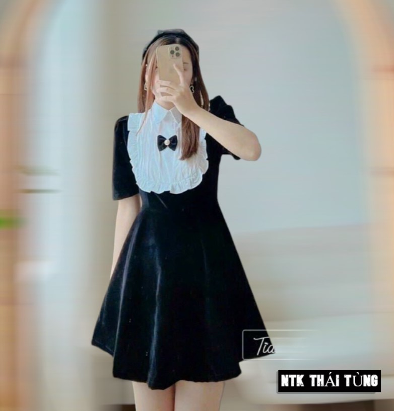 Đầm Nhung nữ phom DÀI NGẮN phối nơ kiểu dáng thời trang lịch sự cao cấp