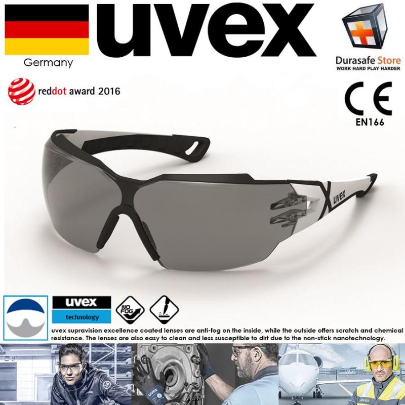 Kính UVEX 9198237 Pheos CX2 Safety Spectacle Black Frame Grey Supravision Excellence Len (Tròng Xám Khói, Gọng Trắng phối Đen), (tặng kèm hộp đựng kính)