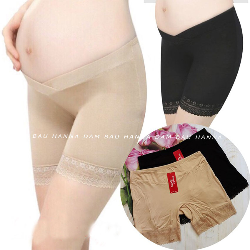 Quần đùi bầu cạp chéo mặc ngủ và mặc trong váy cho bà bầu vải lụa chéo cotton co dãn thoải mái mát chân ren