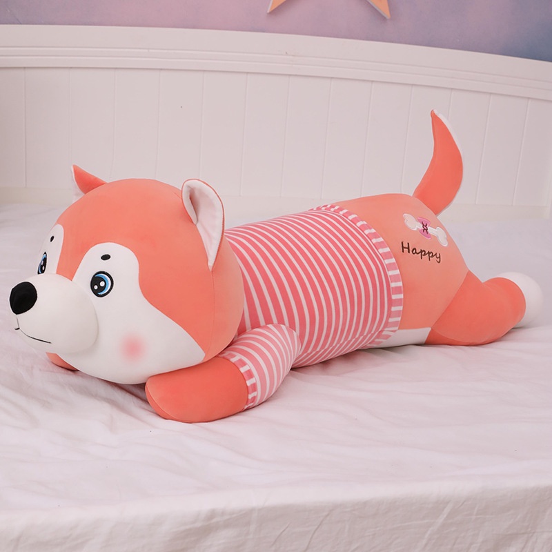 Gấu bông chó shiba mặc áo sọc vải miniso mềm mịn, an toàn cho bé