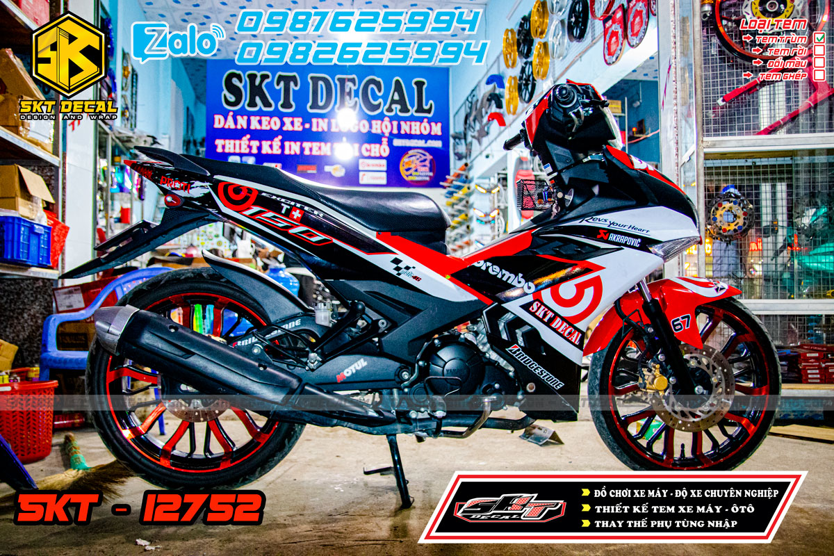tem trùm xe exciter 150 trắng đỏ đen brembo