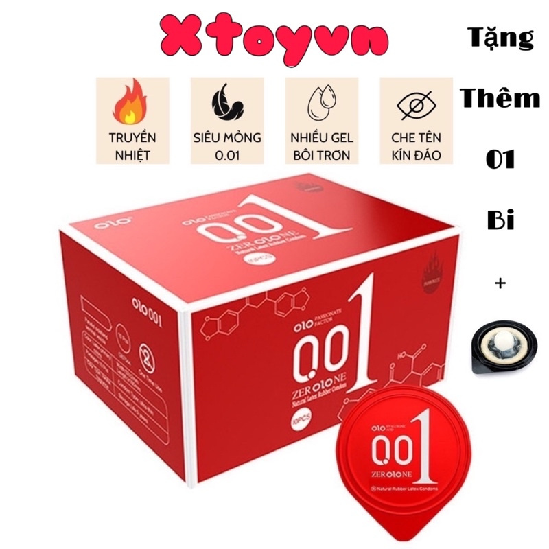 Bao Cao Su OLO 001 Đỏ , Siêu Mỏng Truyền Nhiệt Tặng Kèm Bi , Gốc Nước - Hộp 10 Bcs + 1 viên bi