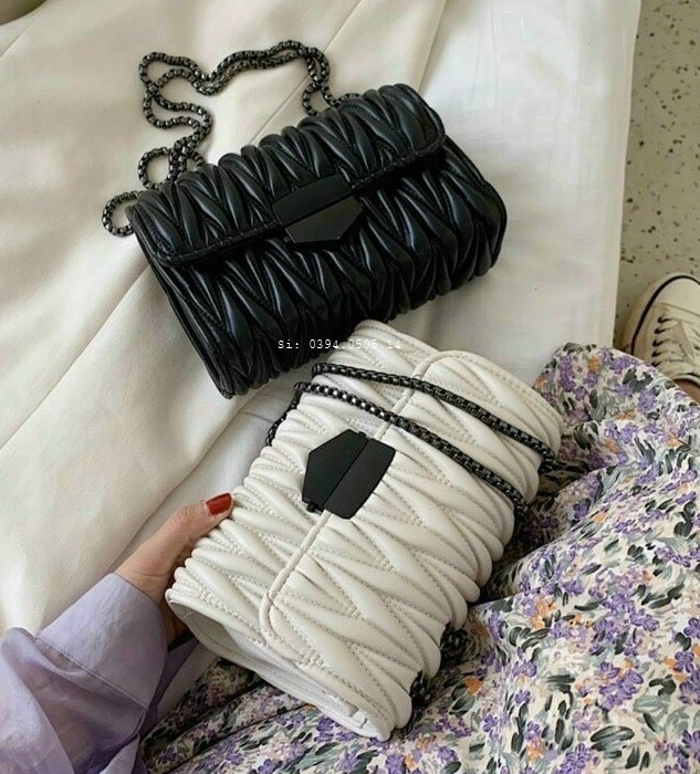Túi đeo chéo nữ ️freeship️ túi đeo vai sóng nhăn khóa kính hàn quốc dây xích đen hq 153