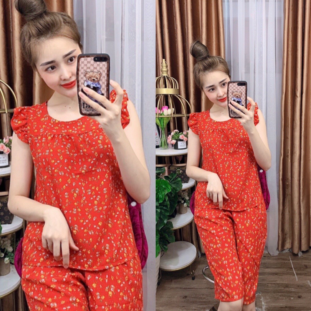 Đồ bộ lụa lửng mặc nhà họa tiết hoa nhí dễ thương có size 40-75kg - lua22