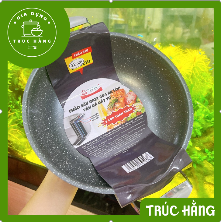 Chảo sâu vân đá 304 2 quai 3 lớp Đáy Từ Ticook đủ size- Chảo vân đá 2 quai đủ size