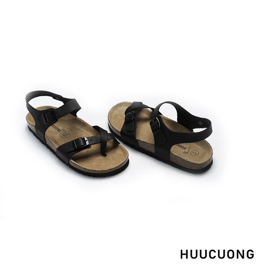 Giày Sandal Unisex xỏ ngón da bò đen đế trấu