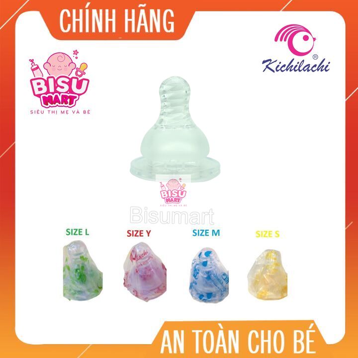 Núm vú silicon siêu mềm cổ hẹp Kichilachi cho bé Size S M L Y