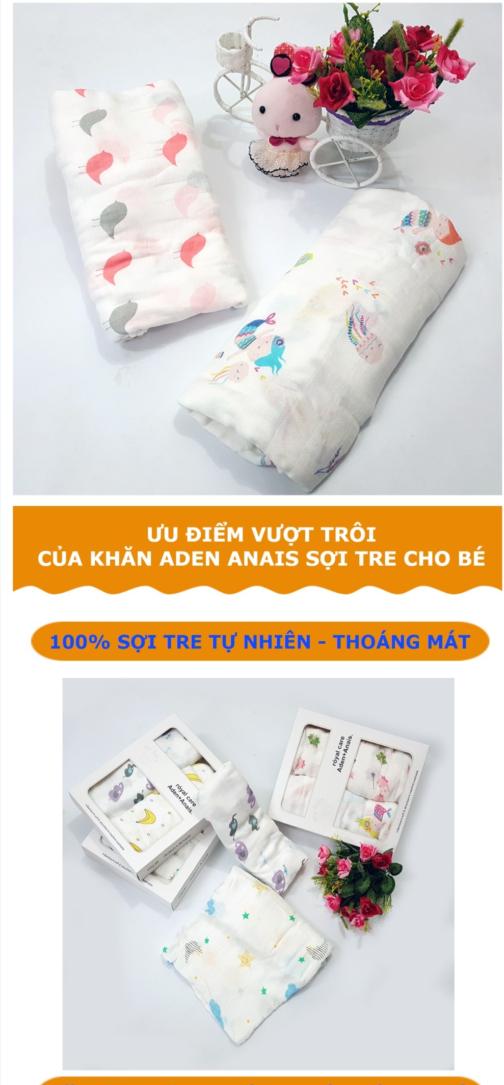 Khăn chăn aden, cuộn kén hộp cao cấp cho bé
