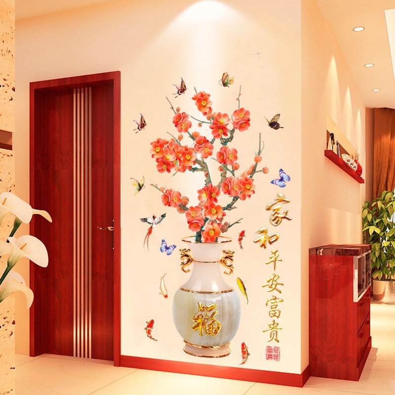 Decal dán tường Bình hoa đào đỏ 3D - Tranh dán tường giấy dán tường 3D bình hoa đào đỏ nghệ thuật, trang trọng