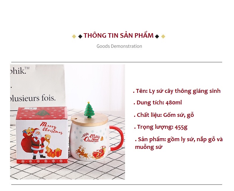 Ly sứ noel kèm muỗng sứ nắp gỗ