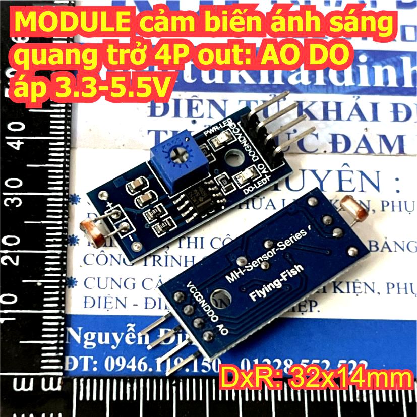 2 cái module cảm biến ánh sáng quang trở 4p out: ao do áp 3.3-5.5v kde3178