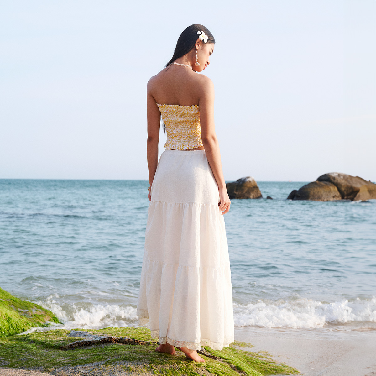 DOTTIE - Chân váy maxi phối ren - Trắng - S0208