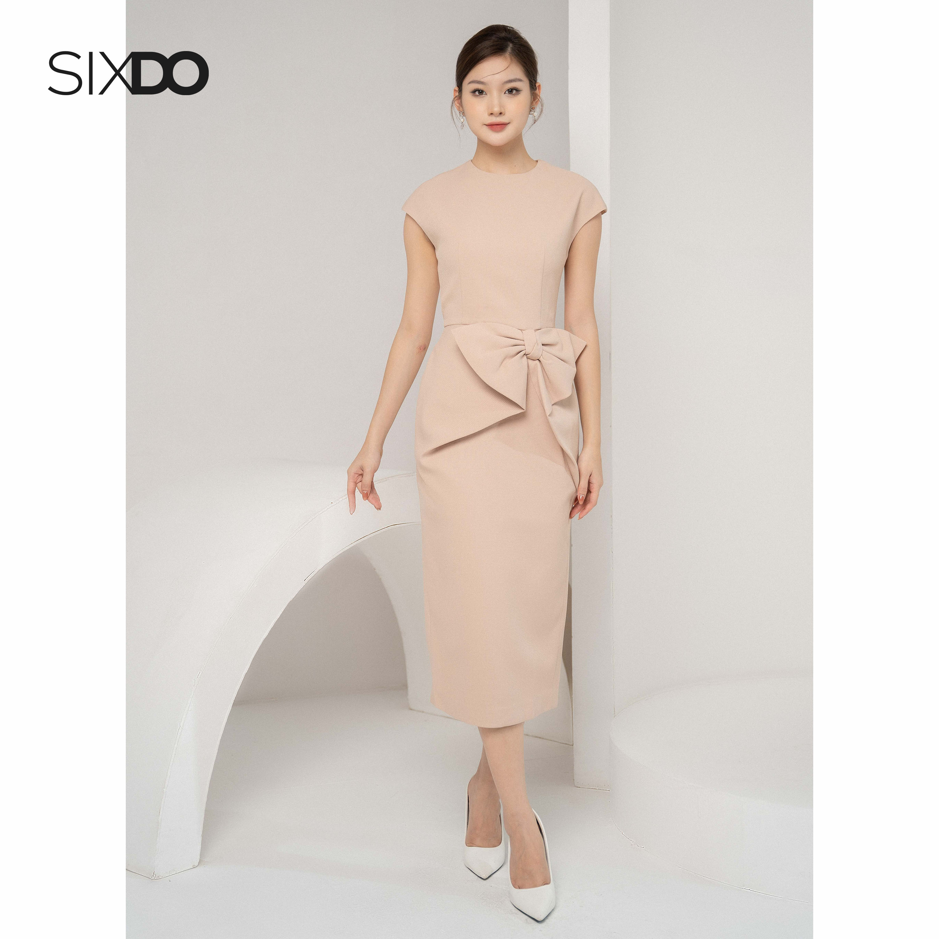 Đầm be dáng bút chì cổ tròn phối nơ eo SIXDO (Beige Cap Sleeves Midi Raw Dress)