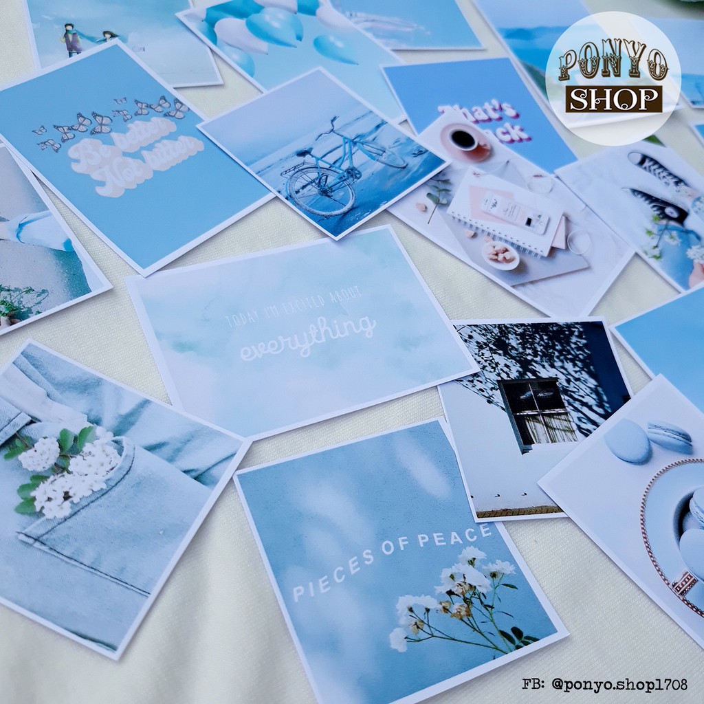 Set 21 sticker nhãn dán ảnh phong cách Instagram (Xanh da trời) trang trí Scrapbook/Planner