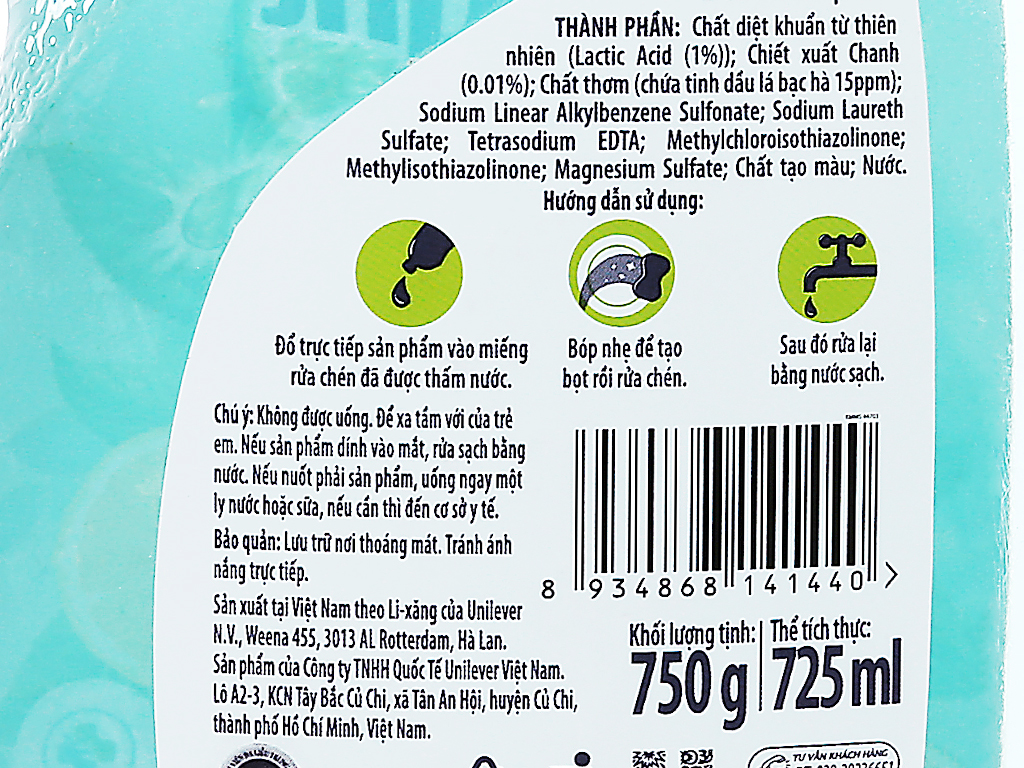 Nước rửa chén Sunlight Extra chanh và lá bạc hà chai 750g