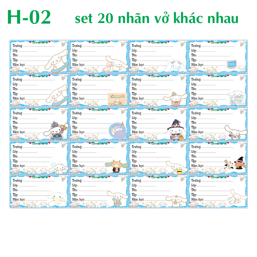 Nhãn vở Cinnamorol- nhãn dán Cinnamorol( set 20 nhãn vở khác nhau) đẹp lung linh