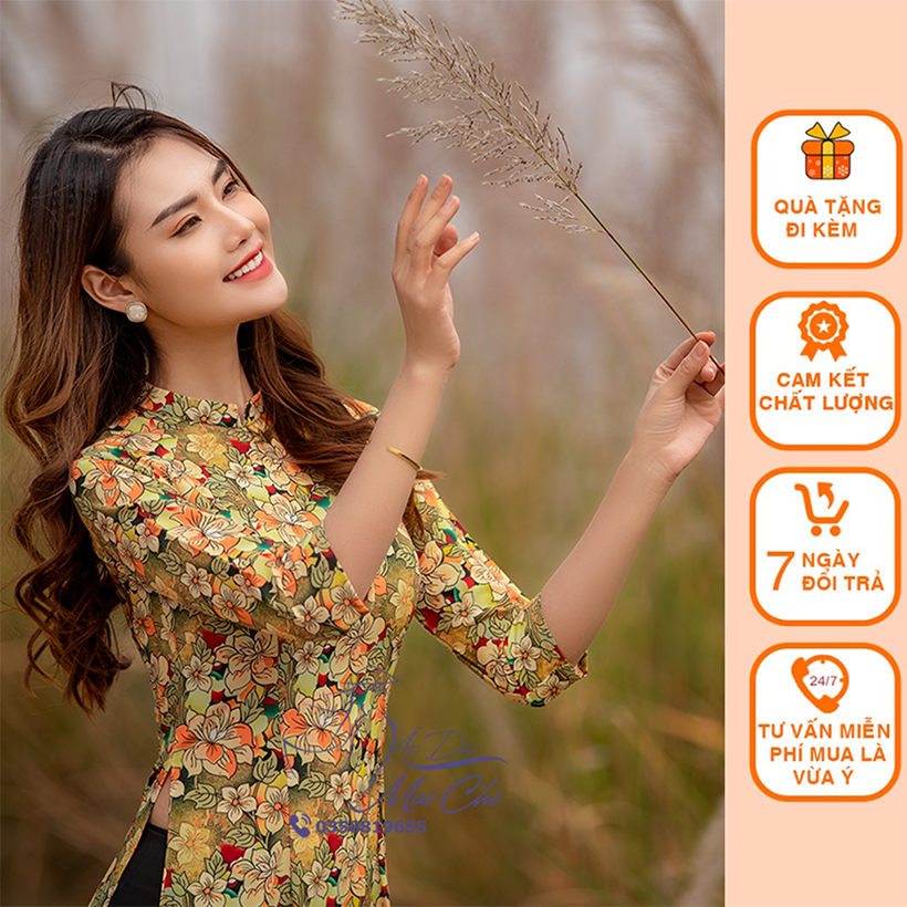 Bộ áo dài truyền thống may sẵn họa tiết hoa nhí