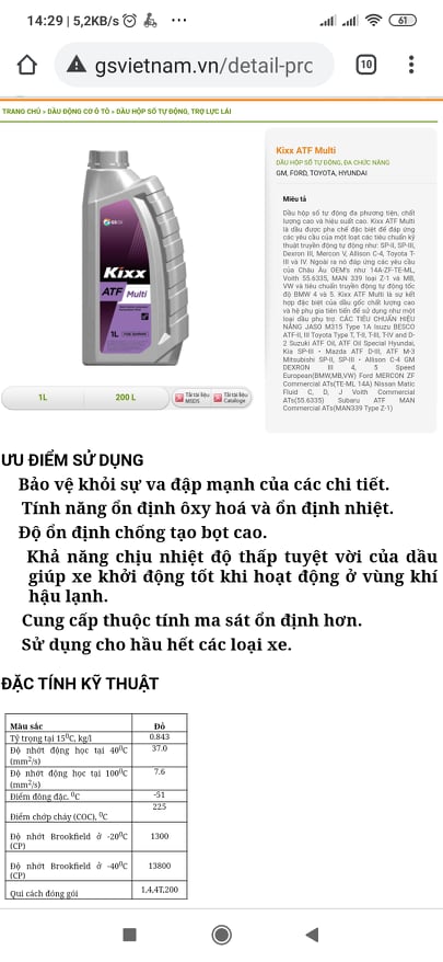 NHỚT HỘP SỐ ĐA NĂNG- KIXX ATF MULTI
