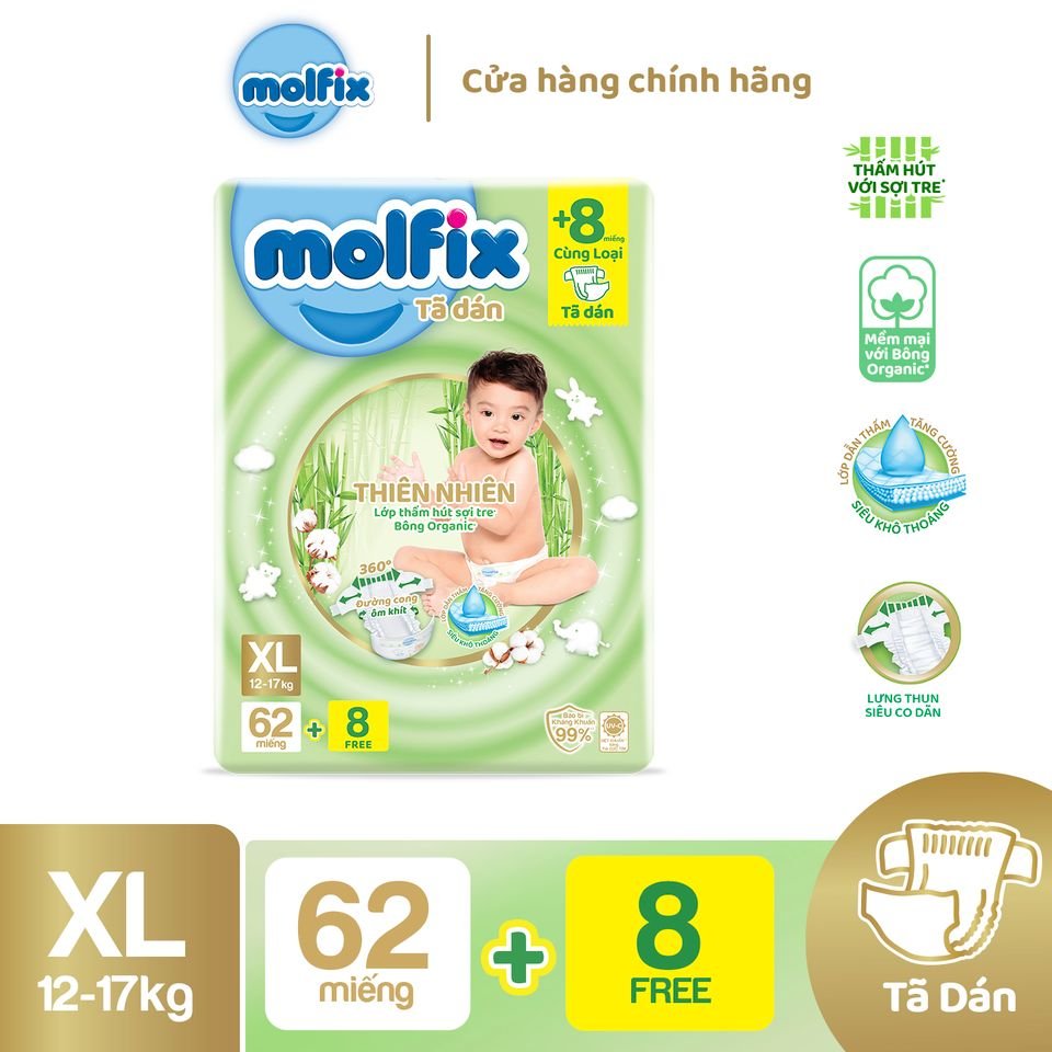 Tã/bỉm dán molfix thiên nhiên super jumbo xl - gói 62+8 miếng
