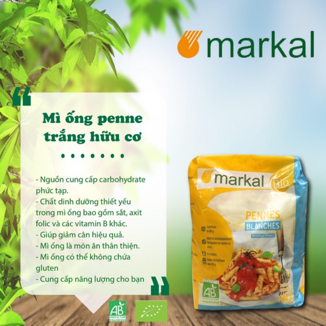 Mì ống trắng hữu cơ Penne Markal 500g