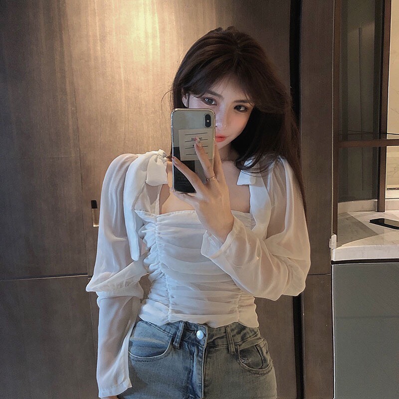 Áo Voan Kiểu Nơ Vai Tay Dài Bèo Đuôi Áo Hot Trend Dễ Thương TTKXA0040