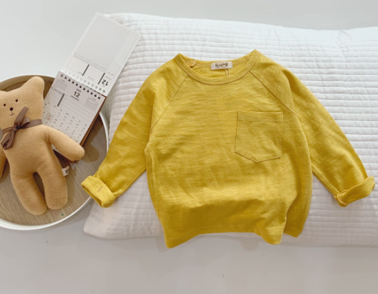 Áo phông dài tay cotton cho bé trai, bé gái trơn phối túi 6 màu basic