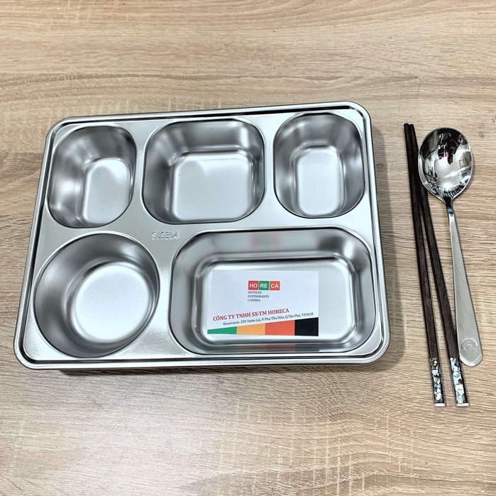 Khay cơm phần 5 ngăn inox 304 loại dày dựng thức ăn