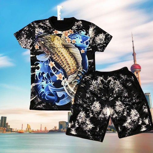 Thời trang đồ bộ, bộ thun lạnh Chép Xanh 3D không cổ co dãn 4 chiều