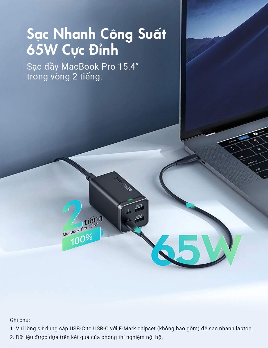 Củ sạc nhanh RAVPower RP-PC136 65W GaN Tech PD 3.0 QC 3.0