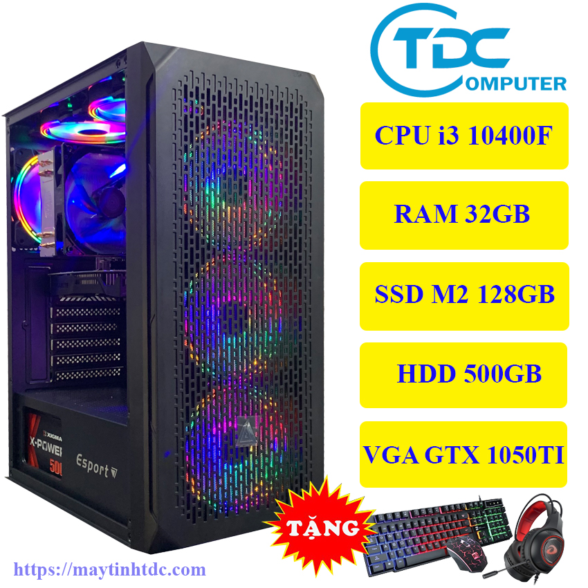 Case máy tính chơi game, máy tính thiết kế đồ họa,máy tính để bàn chơi game MAX PC CPU core i5 10400F, Ram 32GB,SSD M2 128GB, HDD 500GB Card 1050TI,Tặng bộ phím chuột,tai nghe chơi game