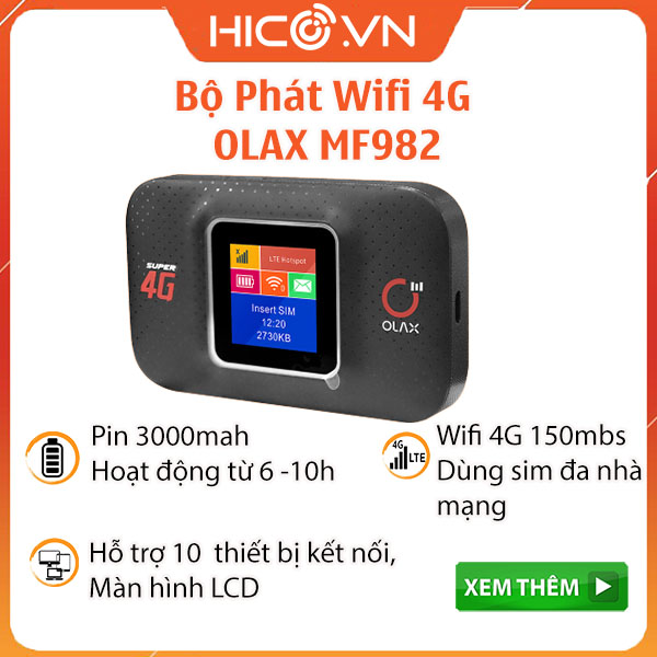 Bộ Phát Wifi 4G LTE OLAX MF982 Màn Hình LCD Tốc Độ 150Mpbs Pin 3000mAh sử