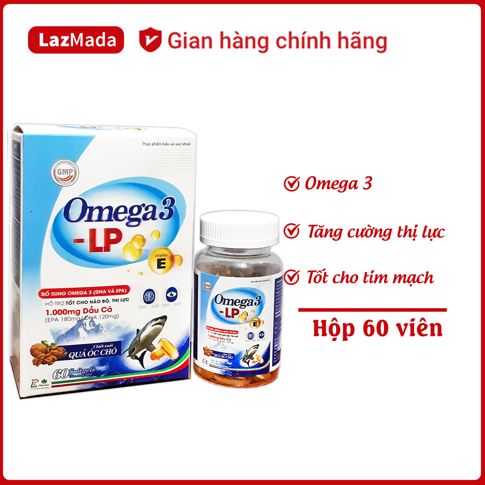 Viên uống Omega 3 LP - Giúp sáng mắt, khỏe tim, tăng cường trí nhớ hiệu quả - Chiết xuất từ hạt óc chó tự nhiên - Hộp 60 viên - LazMada Pharmacy