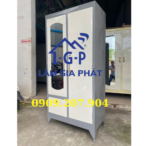 Tủ quần áo sơn dầu 2 cánh có gương kèm hộc kéo màu xám