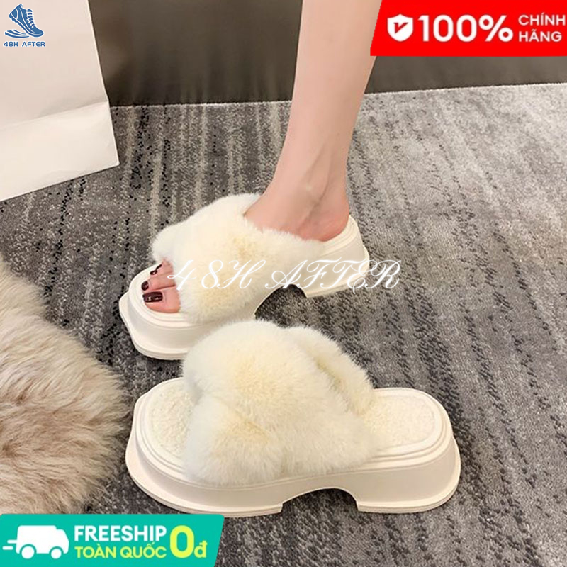 48H AFTER Đầu vuông đan chéo lông dày một chữ dép lê nữ Phiên bản Hàn của