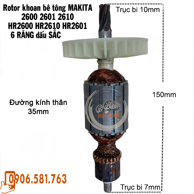 (Chính hãng) Rotor khoan MAKITA HR2600, HR2610, HR2630, HR2611, HR2631 (515358-9) 220V 6 Răng - Tặng chổi than