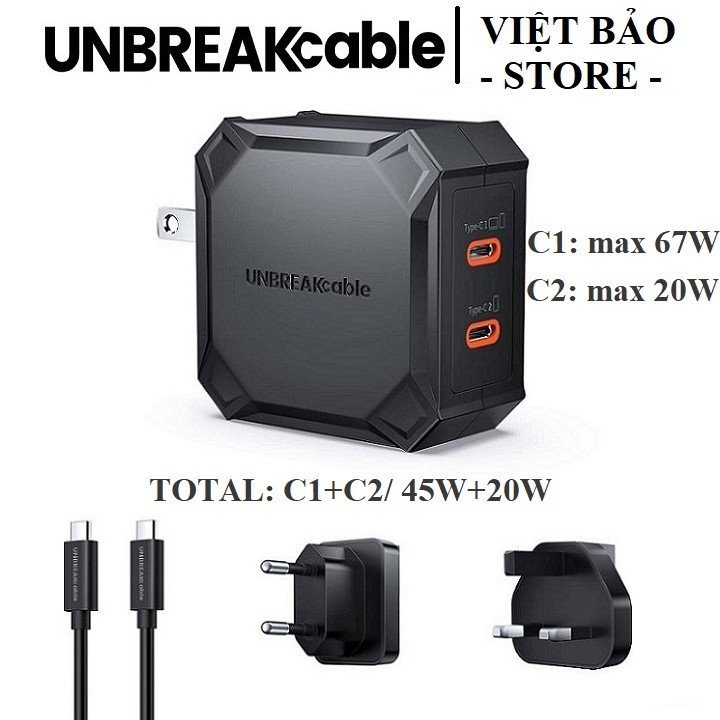 Củ sạc nhanh unbreakcable ubch385 67w 2 cổng type-c sạc nhanh pd/pps, kèm cáp c to c 100w 1.8m