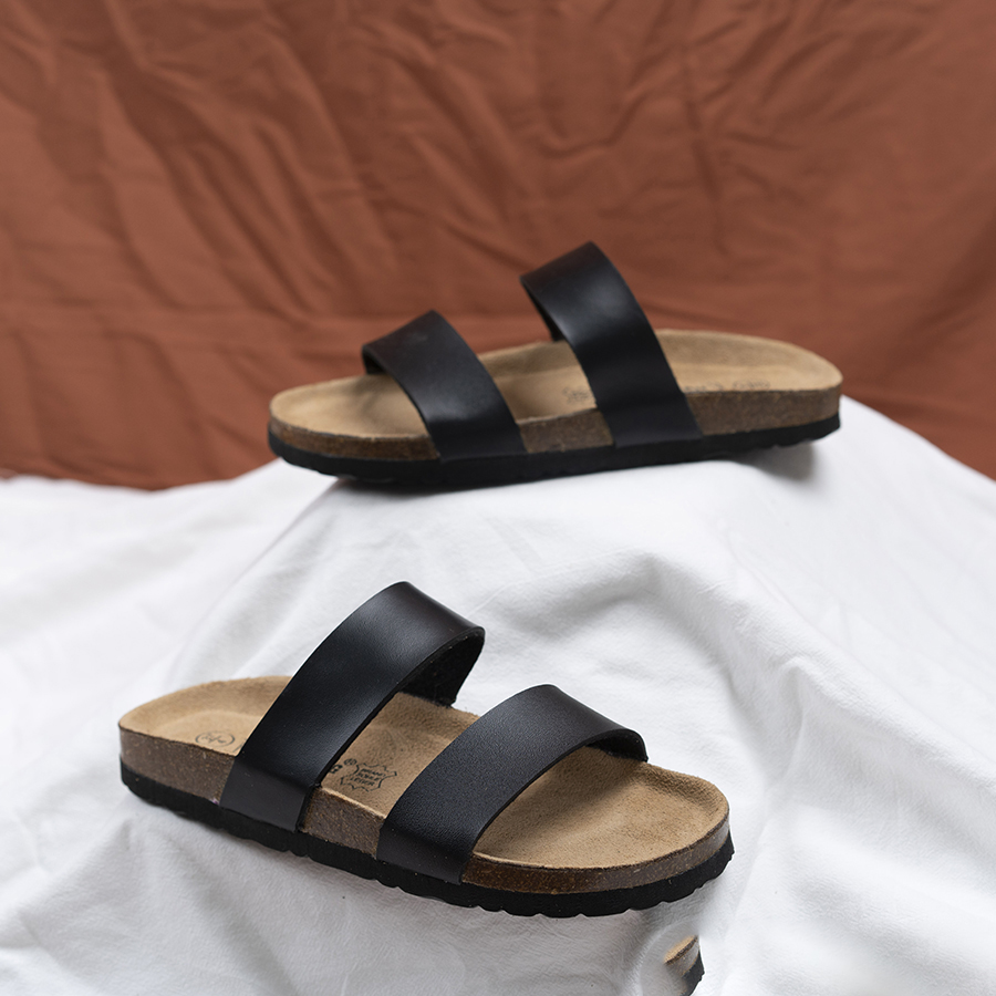 Dép đế trấu unisex 2 quai da pu đen