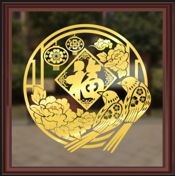 [HCM]Decal trang trí Tết - Vòng tròn Cặp Chim Mẫu đơn chữ Phúc ánh vàng - đỏ cao cấp