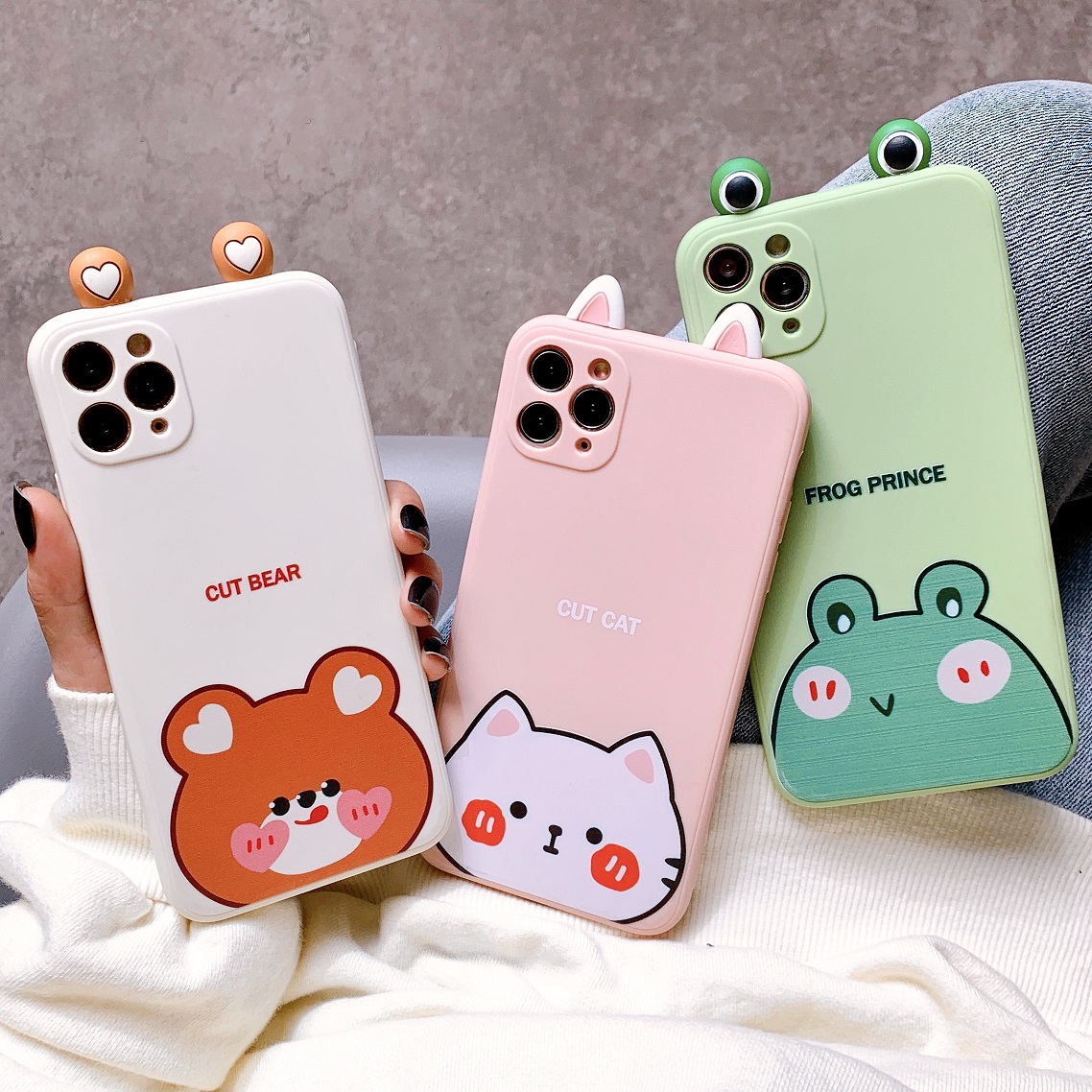 Ốp Lưng Silicon Bảo Vệ CAMERA Hình Nổi Bear x Cat x Frog