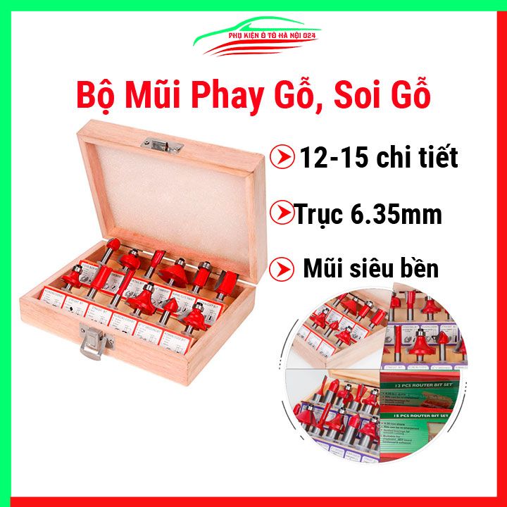 Bộ mũi phay gỗ, soi gỗ cốt trục 6.35mm 12 chi tiết / 15 chi tiết, độ bền cao dùng để điêu khắc hoạ tiết, cắt cạnh,..