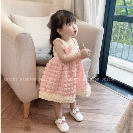Váy cho bé gái xốp hồng 2 dây đính nơ 8-22kg