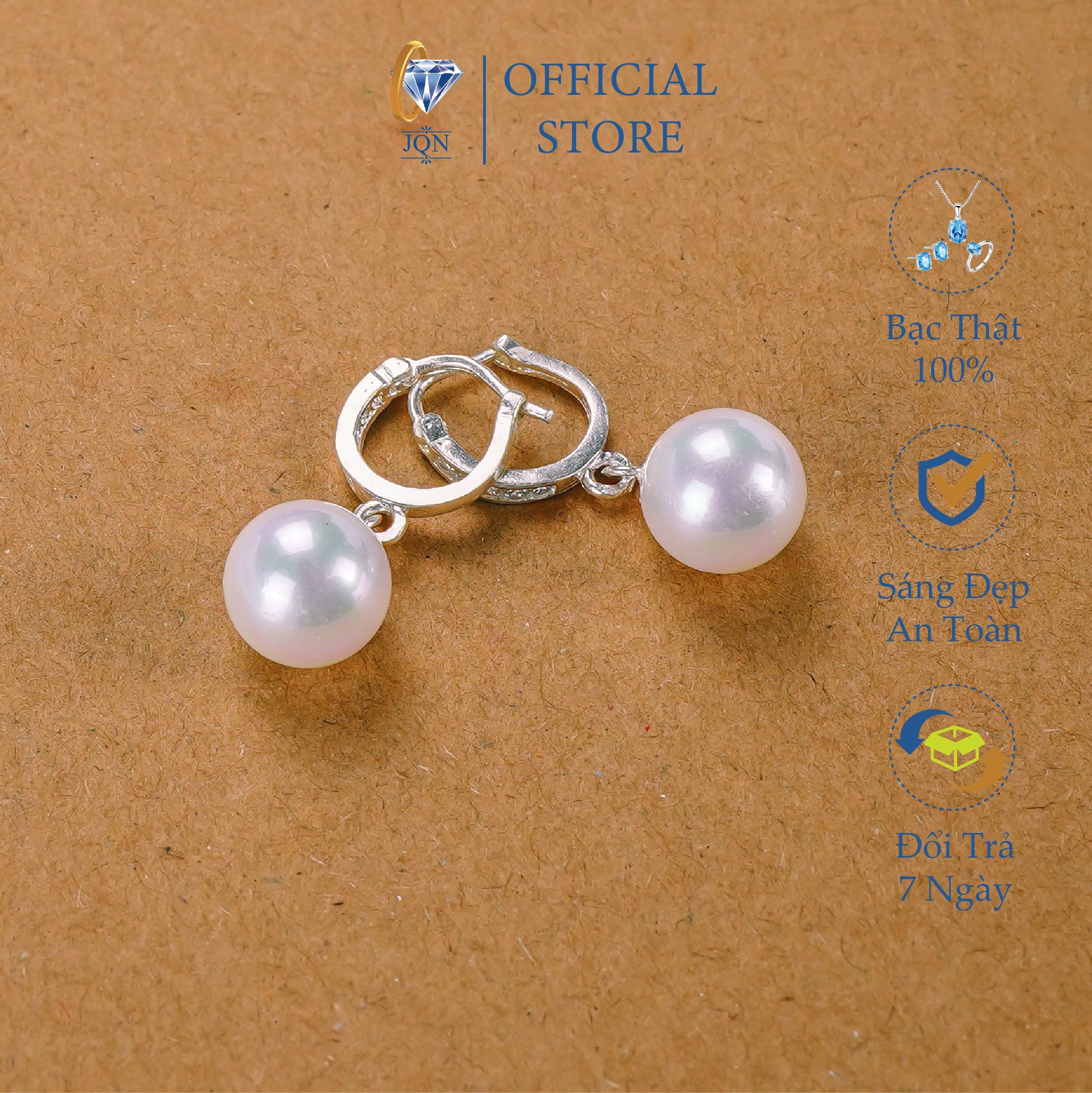 Bông Tai Nữ Bạc Thật JQN Khuyên Tròn Gắn Ngọc Trai Trẻ Trung Thời Trang