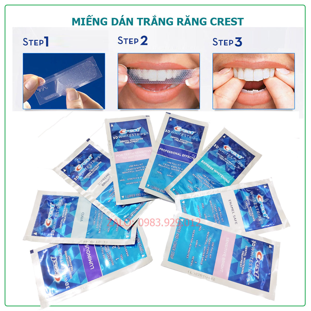 Miếng dán trắng răng Crest 3D White Professional Effects, 1 hour Express, Supreme Bright, Sensitive Bright, Vivid