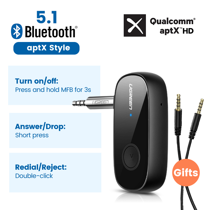 UGREEN Bluetooth Receiver 5.1 aptX HD 3.5mm AUX Jack Audio Wireless Adapter for Car PC Headphones Mic 3.5 Bluetooth 5.0 Receptor