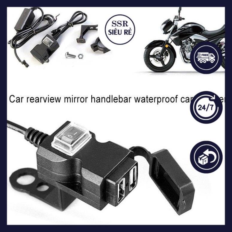 Sạc điện thoại chống nước cho xe máy 2 cổng usb có công tắc