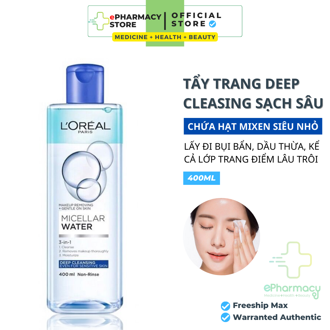 Nước tẩy trang LOreal XANH ĐẬM làm sạch trang điểm cho mọi loại da - LOreal Paris 3-in-1 Micellar Water 400ml